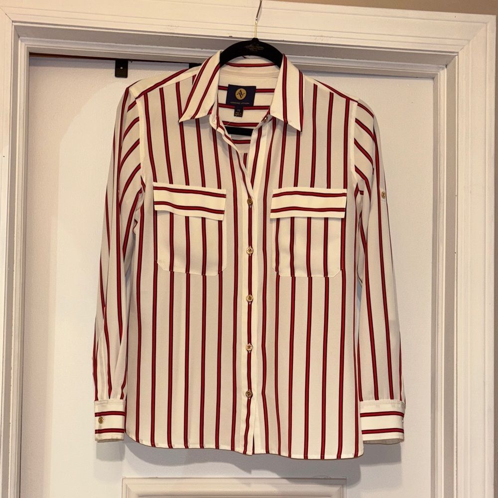 Adrienne Vittadini Red, Black, and White Striped Shirt - Size XS